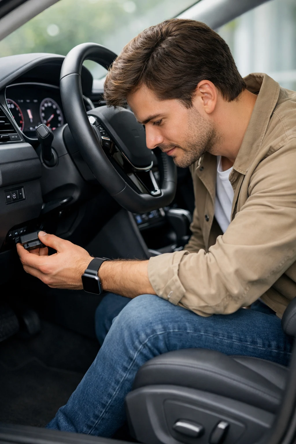 App illustration: plugging an OBD2 adapter in below the steering wheel