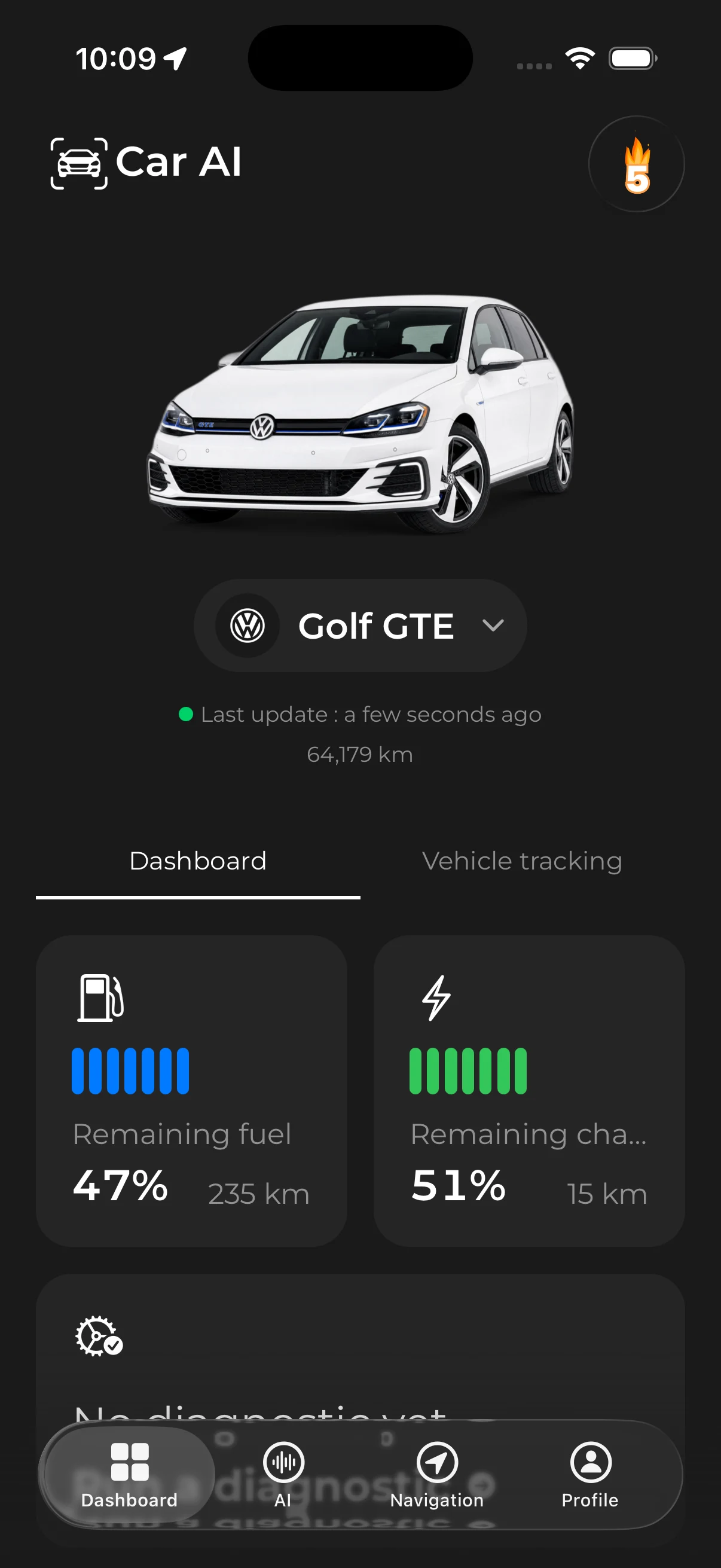 Car AI dashboard: Golf GTE, fuel at 47%, battery at 51%