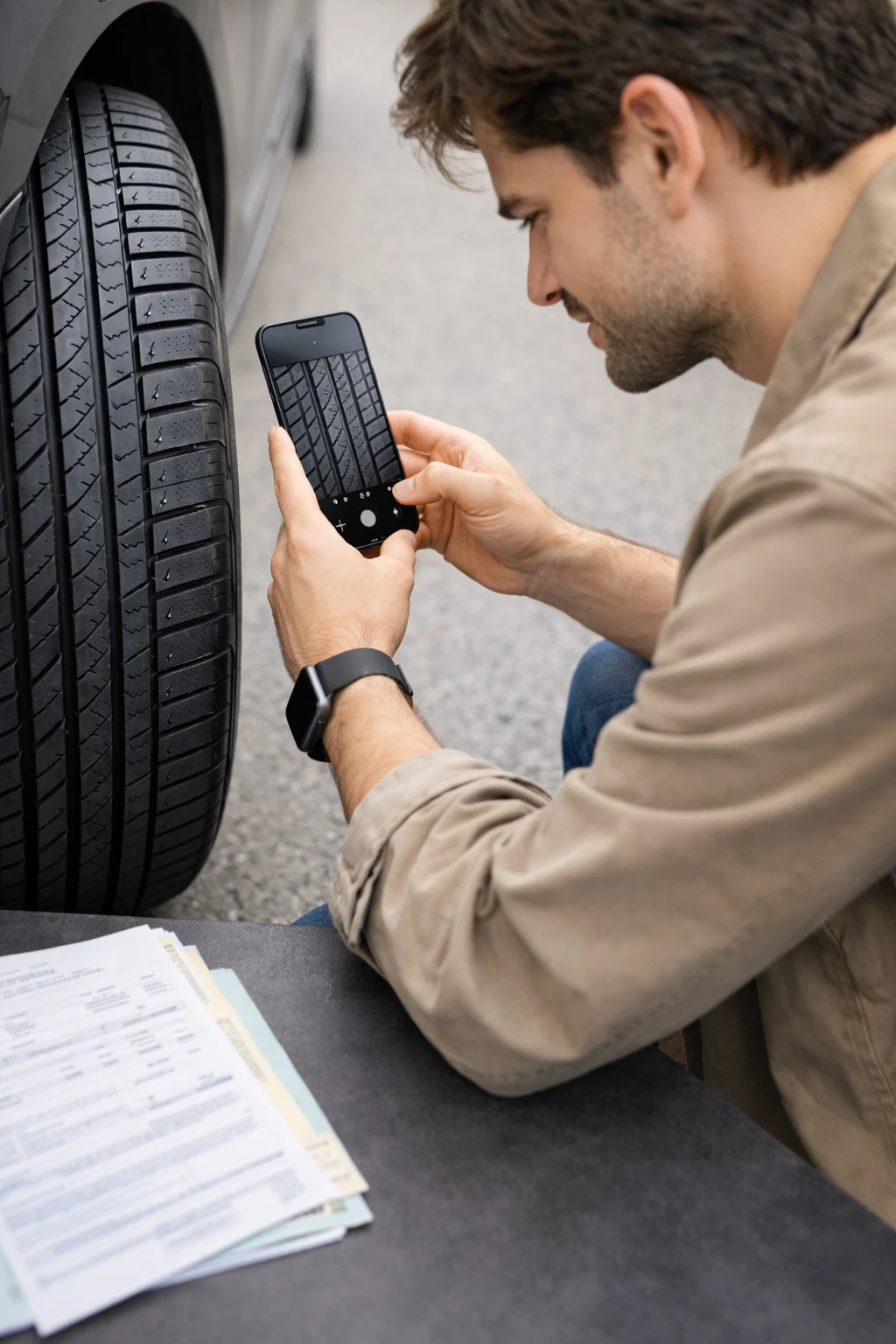 App illustration: taking a tire photo with a phone and keeping maintenance documents