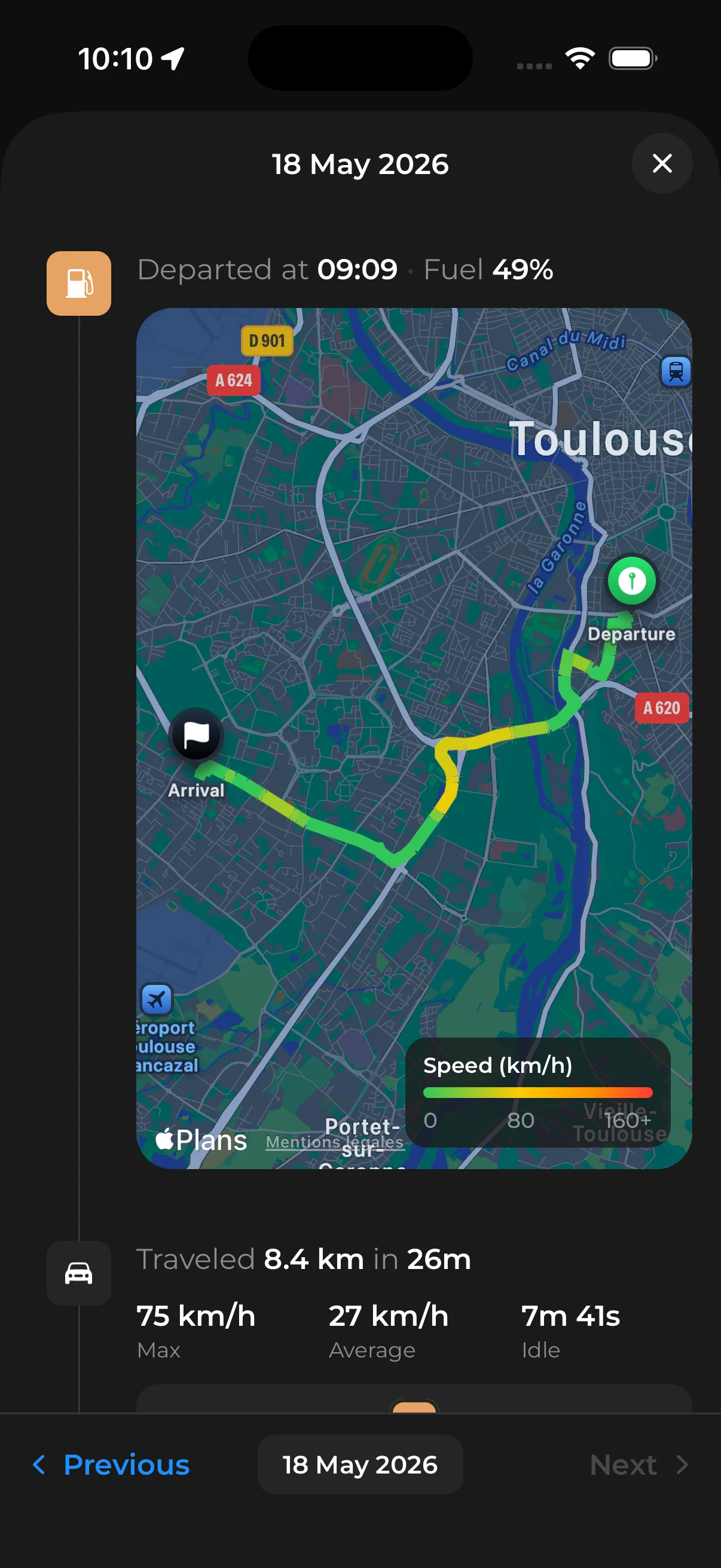 Trip history in Car AI, with a map and statistics
